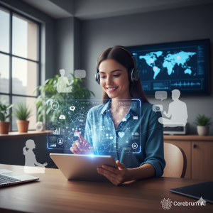 Psicóloga usando um tablet para consultas online e interagindo com interfaces de inteligência artificial que exibem gráficos de saúde mental, meditação e ícones de bem-estar.