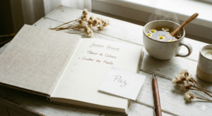 Agenda aberta sobre mesa branca com xícara de chá, simbolizando o planejamento tranquilo do Janeiro Branco.