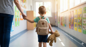 Criança entrando na escola segurando seu objeto transicional (ursinho), simbolizando segurança na adaptação escolar.