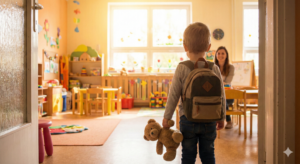 Criança entrando na escola segurando um urso de pelúcia, representando o objeto transicional na adaptação escolar.