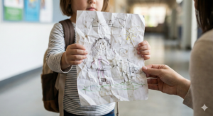 Criança entregando desenho para a mãe como gesto de reparação e amor após uma birra.