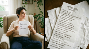 Pessoa tranquila revisando uma lista de metas realista, praticando o autocuidado.