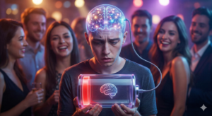 "Ilustração de um jovem com expressão de exaustão segurando uma bateria mental no nível vermelho em meio a uma festa, representando a bateria social esgotada em neurodivergentes."