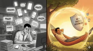 Ilustração dividida: lado esquerdo cinza com escritório e notificações de celular excessivas; lado direito iluminado com pessoa em repouso e barreira de proteção simbolizando a nova lei NR-1.