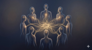 Ilustração abstrata de um círculo terapêutico simbolizando a conexão e a cura coletiva na psicoterapia de grupo.