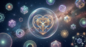 Ilustração abstrata e conceitual representando a neurodiversidade, com uma forma geométrica complexa e bela protegida por uma esfera translúcida, simbolizando a singularidade e a proteção psíquica no autismo.