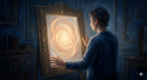 Ilustração conceptual de uma pessoa perante um espelho que reflete uma luz interior calorosa em vez da sua imagem física, simbolizando a verdadeira construção da autoestima e do valor interno na psicanálise.