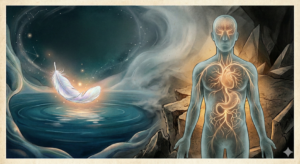 Ilustração surrealista de uma silhueta humana de vidro com raízes luminosas no interior, simbolizando a energia emocional retida e os sintomas psicossomáticos quando a mente silencia e o corpo fala.