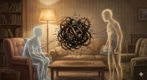 Ilustração conceitual de duas silhuetas ligadas por um emaranhado de fios e sombras, simbolizando o peso do inconsciente, o não dito e as projeções nos conflitos familiares e nas brigas de casal.