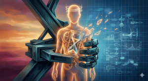 Ilustração conceitual e surreal de um mecanismo interno frágil sendo esmagado por uma estrutura rígida, simbolizando as causas psíquicas do Burnout, a taquicardia de domingo e a perda da identidade no trabalho.