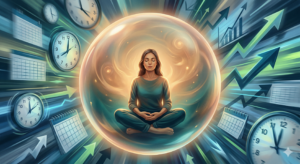 Ilustração conceitual de uma pessoa descansando pacificamente dentro de uma bolha protetora luminosa, enquanto o exterior é um caos de relógios e agendas, simbolizando o verdadeiro autocuidado e a proteção psíquica.