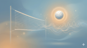 Representação artística e metafórica de uma rede de vôlei interligada a processos mentais, com uma bola suspensa em um ambiente sereno e abstrato.
