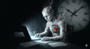 Ilustração conceitual de uma figura feita de cinzas trabalhando em uma mesa escura, com um pequeno pássaro vermelho preso em uma gaiola no peito, simbolizando a Síndrome de Burnout e a taquicardia da ansiedade.