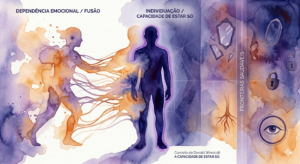 Ilustração conceitual de duas silhuetas de aquarela, onde uma tenta se dissolver na outra perdendo sua própria forma, simbolizando a fusão, a dependência emocional e a perda de identidade na psicanálise.