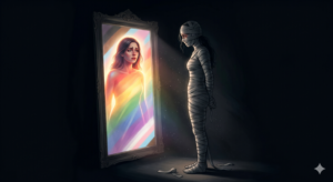 Ilustração conceitual de uma pessoa enrolada em ataduras cinzentas olhando para um espelho, onde seu reflexo brilha livre com as cores do arco-íris, simbolizando o custo psíquico do armário.