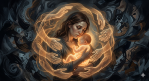 Ilustração conceitual e abstrata de uma mãe segurando seu bebê sendo protegida por mãos etéreas luminosas, simbolizando a necessidade de Holding e da rede de apoio para a saúde mental no puerpério.