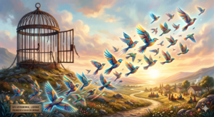 Ilustração conceitual de uma gaiola aberta e velha de onde pássaros abstratos e luminosos voam livres em direção à luz, simbolizando a Luta Antimanicomial e o cuidado em liberdade na saúde mental.