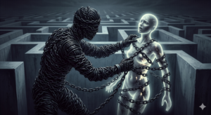 Ilustração conceitual de uma figura formada por correntes pesadas tentando aprisionar uma figura feita de luz, simbolizando o ciúme patológico e como o controle excessivo asfixia a vitalidade do relacionamento.