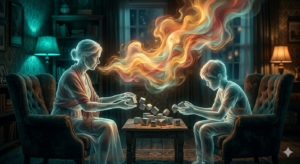 Ilustração conceitual mostrando figuras trocando caixas rígidas enquanto uma névoa emocional flutua ignorada entre elas, simbolizando a substituição do afeto por troca de informações logísticas nos conflitos familiares.